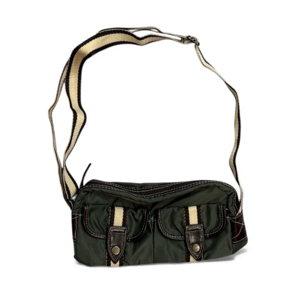 VTG Y2K Crossbody Olive green And Brown Nylon And Leather Look‎ Cream & Brown